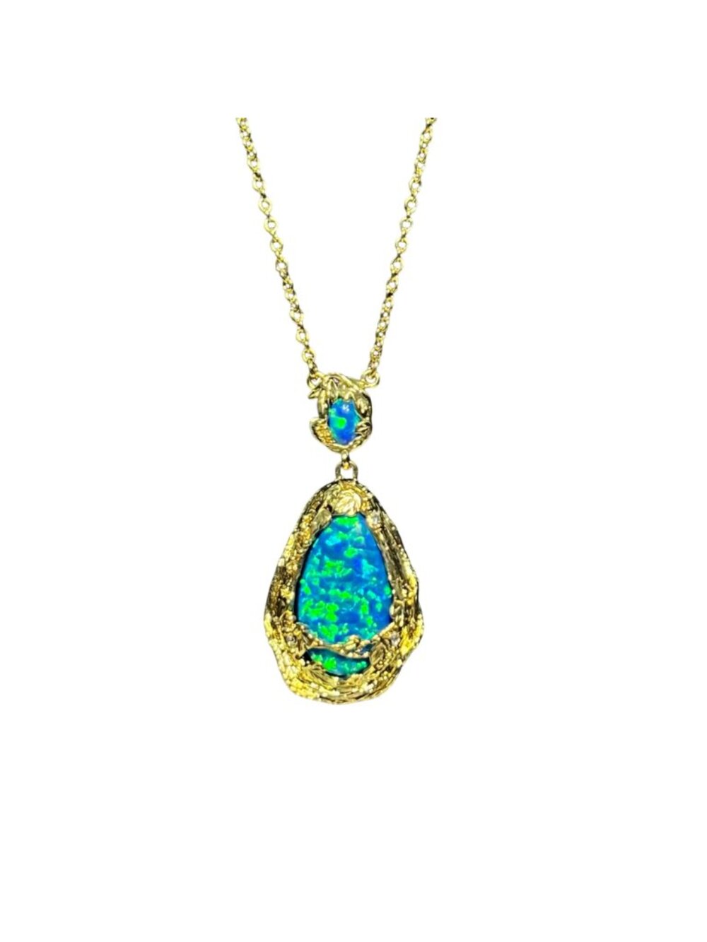 Gold Tone Cable Chain Necklace With Faux Blue/Green Opal Pendant (6392) - Picture 2 of 6